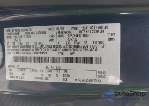 2020 Ford Escape Se z USA, uszkodzony, nr VIN 1FMCU9G62LUB61913